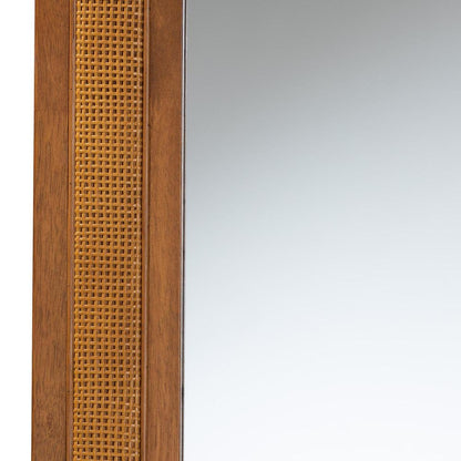 Rowanne Mid-Century Modern Walnut Brown Rubberwood and Rattan Frame Wall Mirror