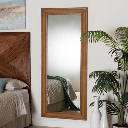Rowanne Mid-Century Modern Walnut Brown Rubberwood and Rattan Frame Wall Mirror