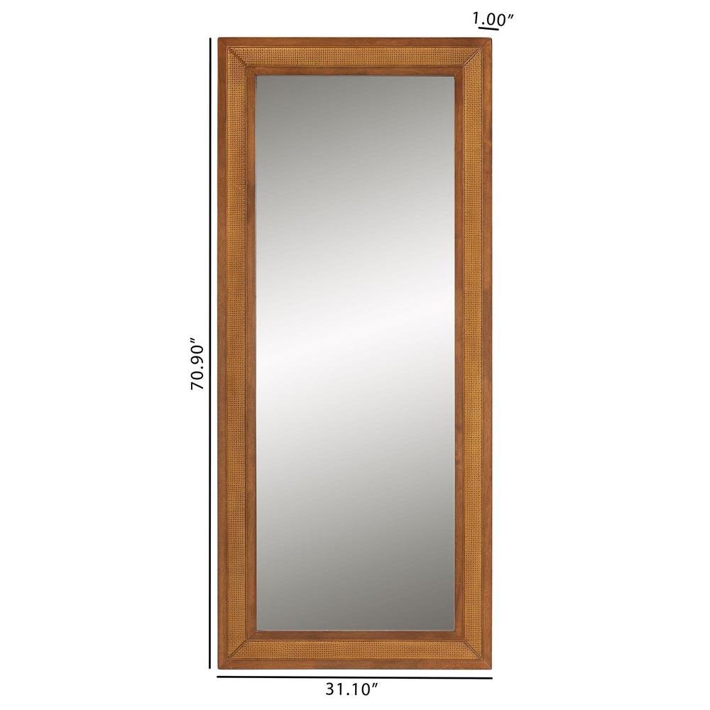 Rowanne Mid-Century Modern Walnut Brown Rubberwood and Rattan Frame Wall Mirror