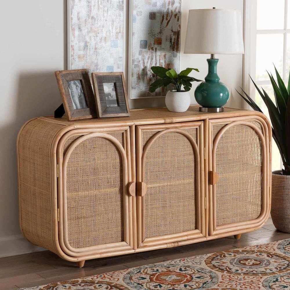 Evania Bohemian Natural Rattan 3-Door Storage Cabinet
