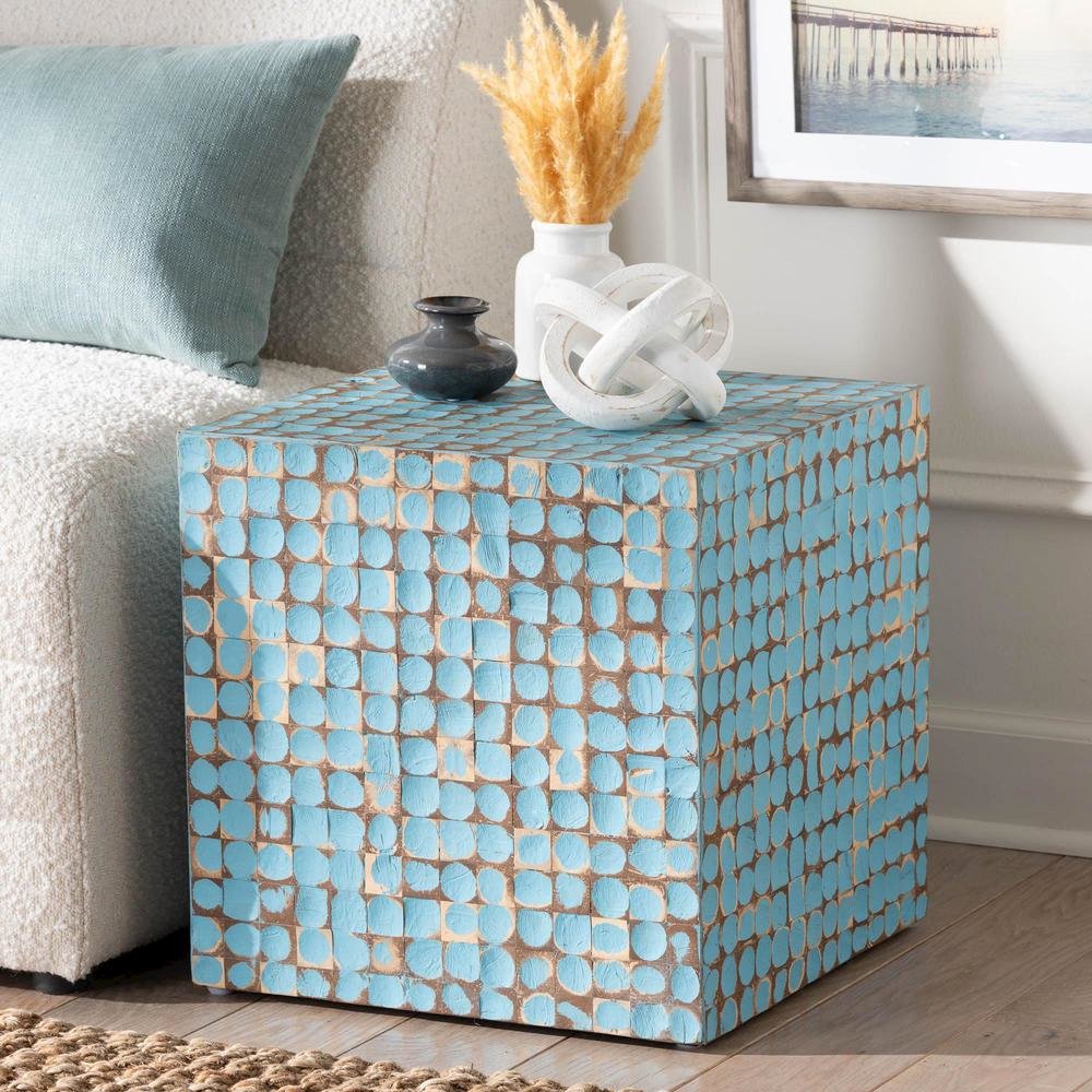 Janella Bohemian Sky Blue Coconut Shell and Acacia Wood End Table