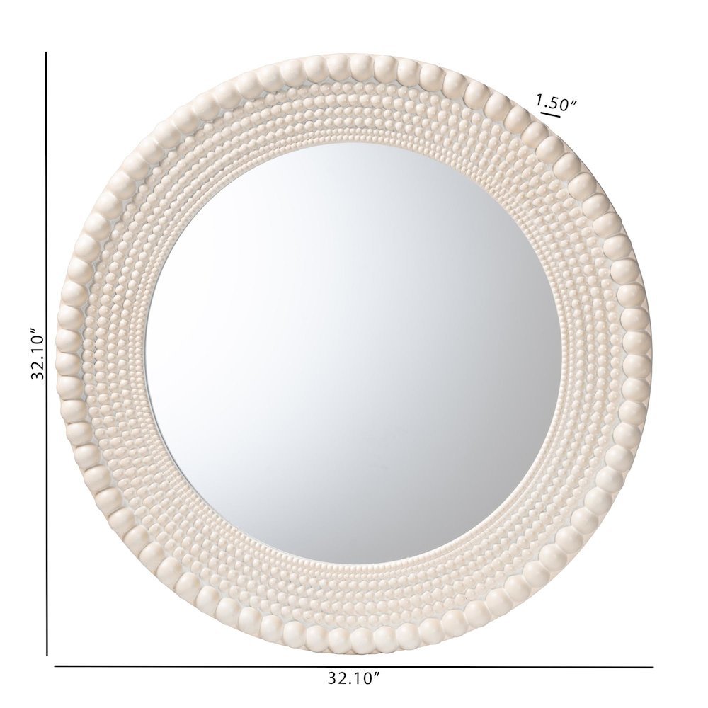 Grazia Modern Round Beaded-framed Accent Mirror in Pearl White