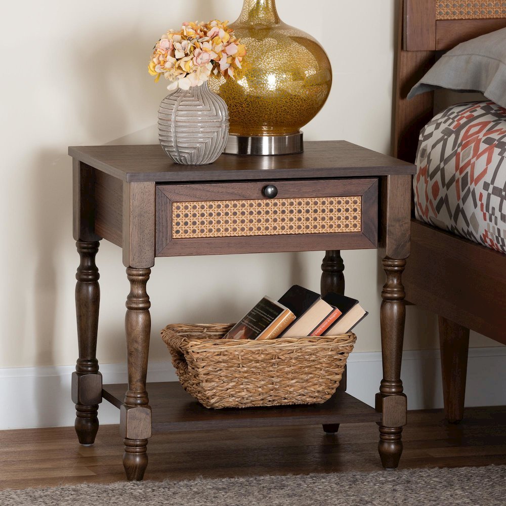 Roden Transitional Dark Brown Nightstand with Rattan