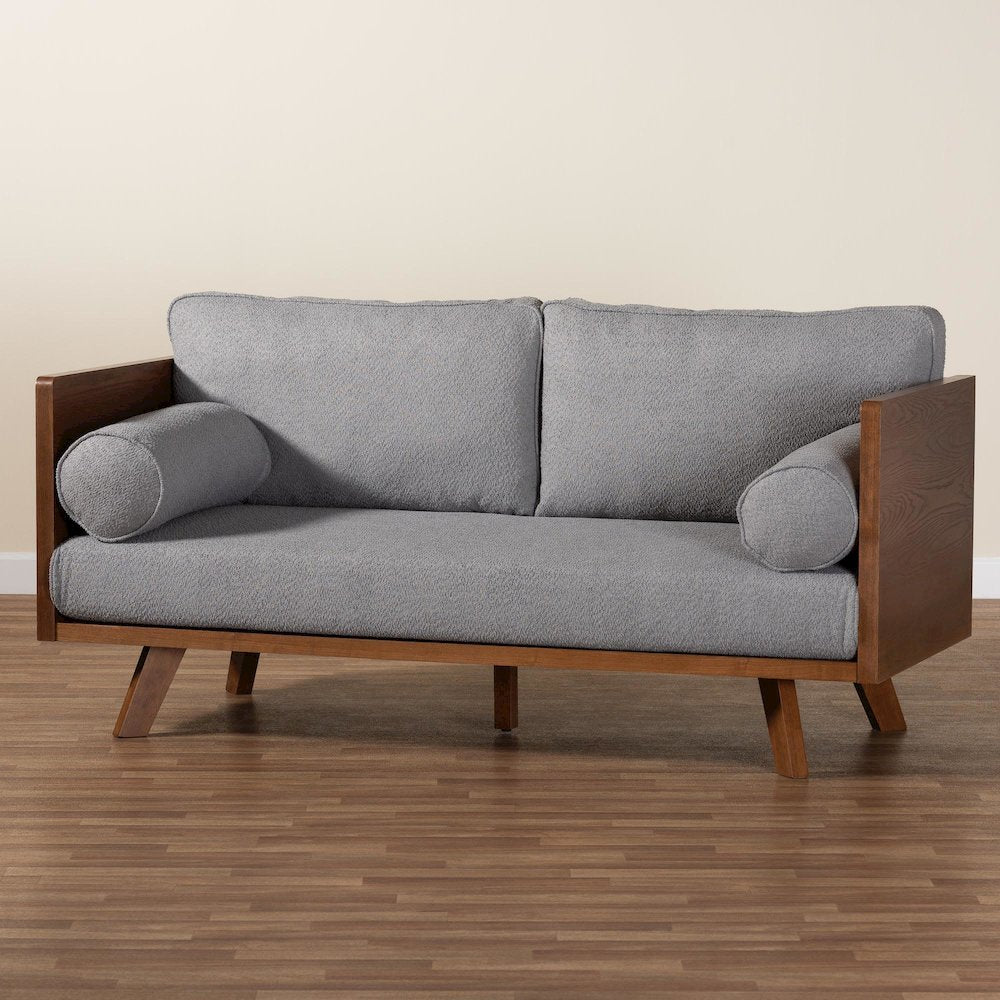 Uriel Mid-Century Modern Grey Boucle Fabric Sofa