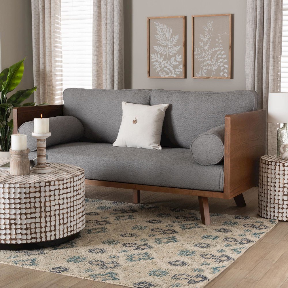 Uriel Mid-Century Modern Grey Boucle Fabric Sofa