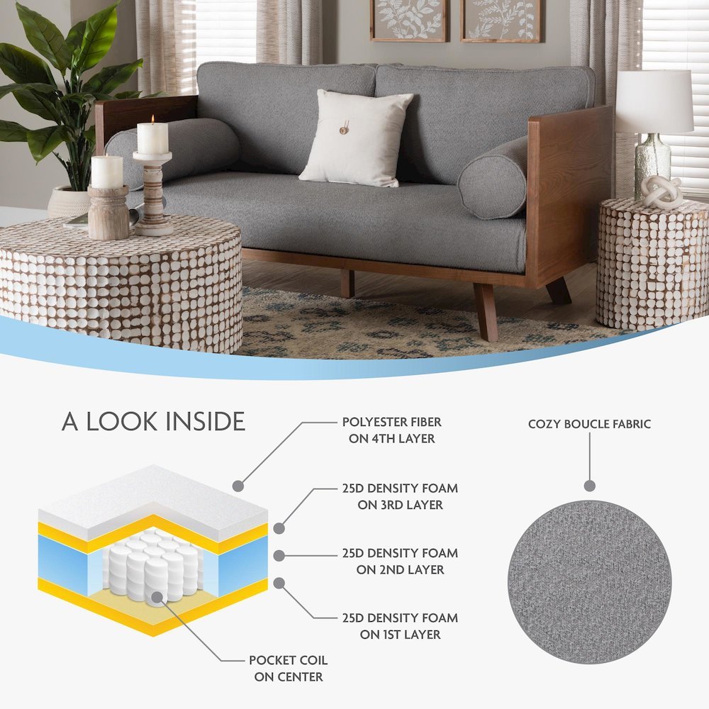 Uriel Mid-Century Modern Grey Boucle Fabric Sofa