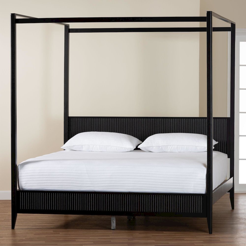 Primrose Mid-Century Black Fluted Wood King Size Canopy Bed