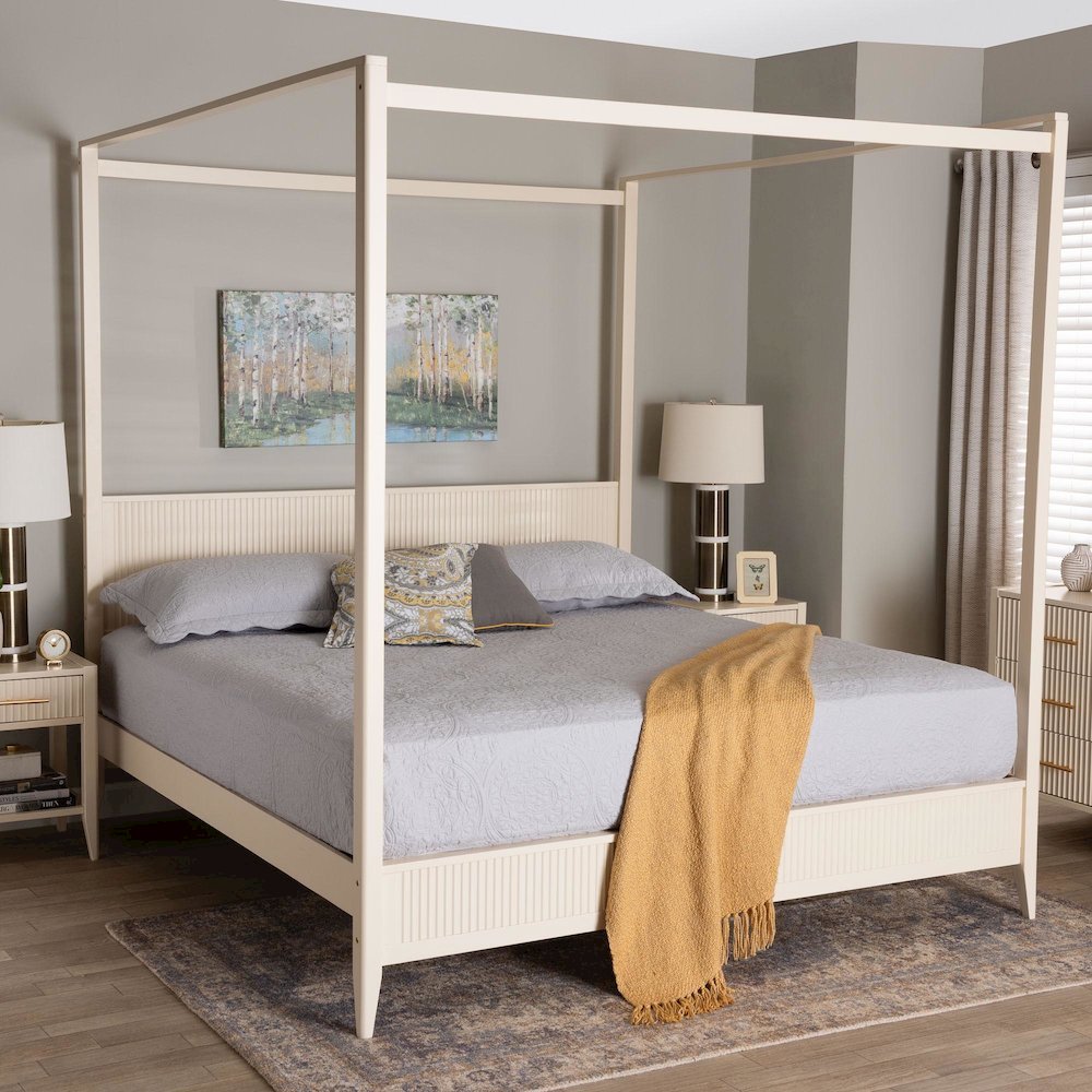 Primrose Mid-Century Ivory Fluted Wood King Size Canopy Bed