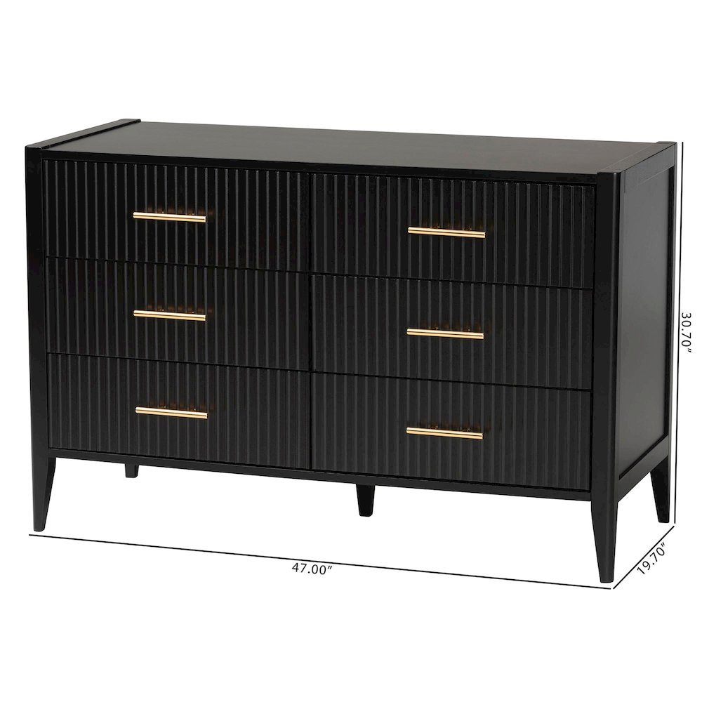 Primrose Mid-Century Black Fluted Wood 6-Drawer Dresser