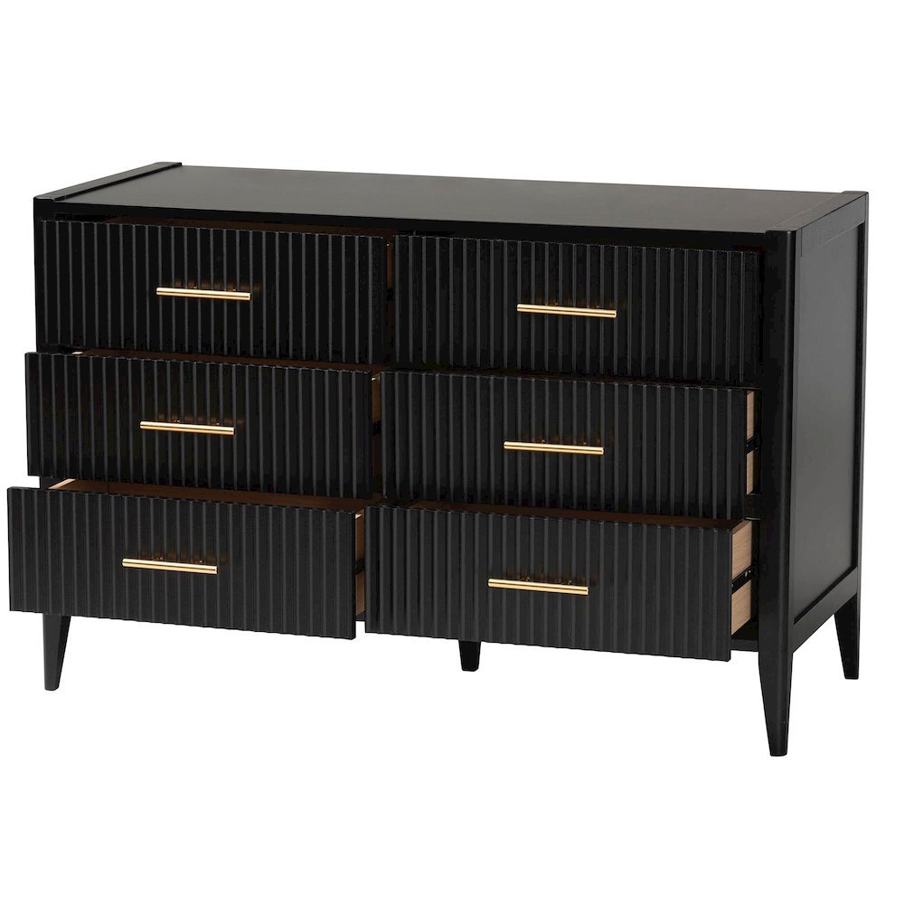 Primrose Mid-Century Black Fluted Wood 6-Drawer Dresser
