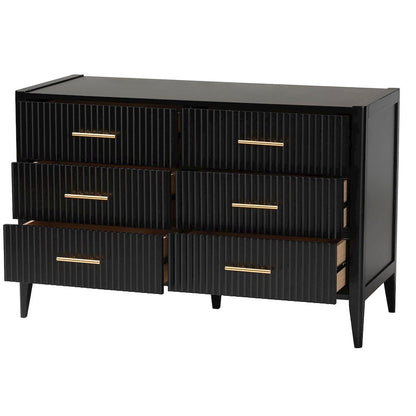 Primrose Mid-Century Black Fluted Wood 6-Drawer Dresser