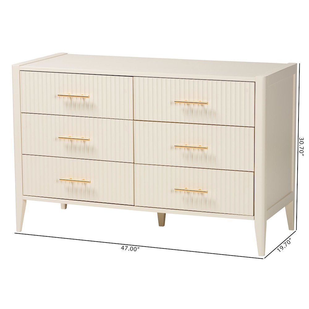 Primrose Mid-Century Ivory Fluted Wood 6-Drawer Dresser