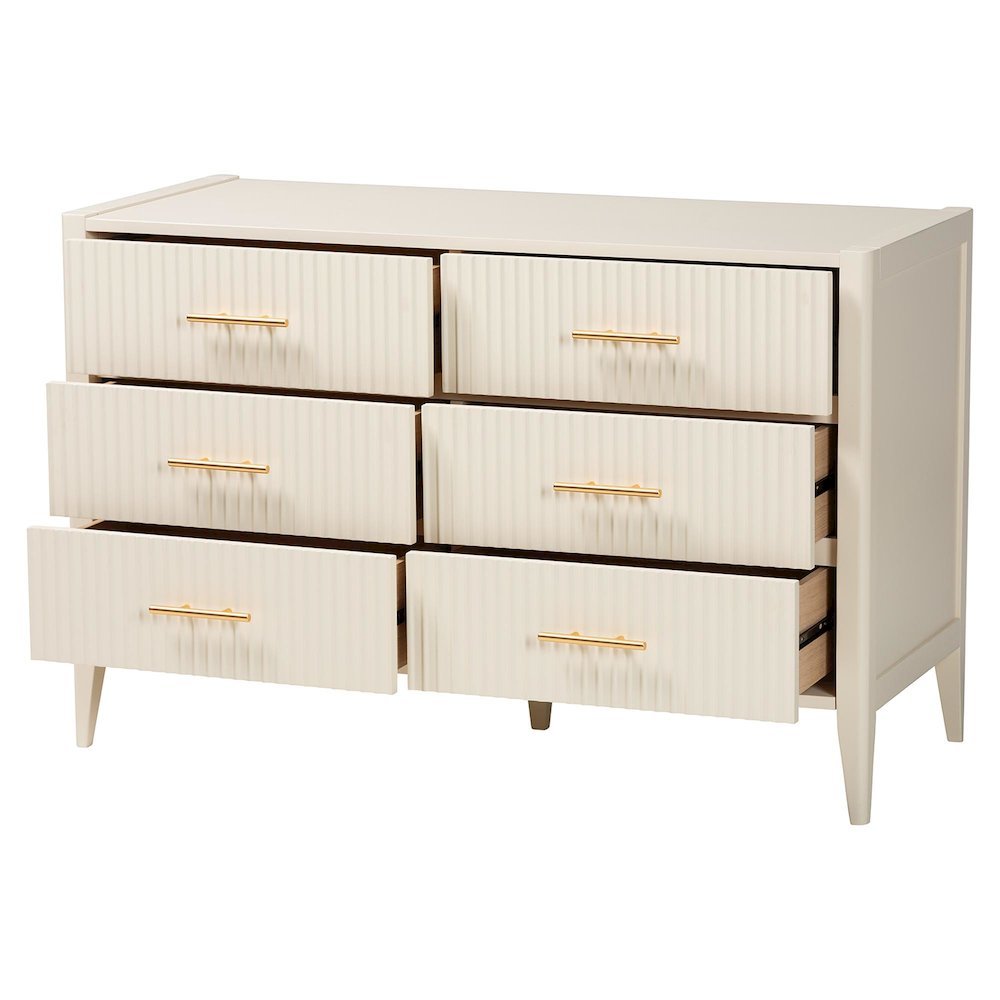 Primrose Mid-Century Ivory Fluted Wood 6-Drawer Dresser