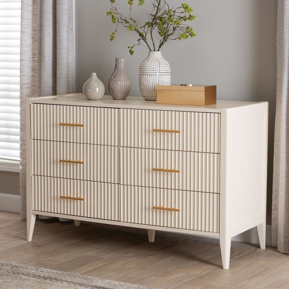 Primrose Mid-Century Ivory Fluted Wood 6-Drawer Dresser