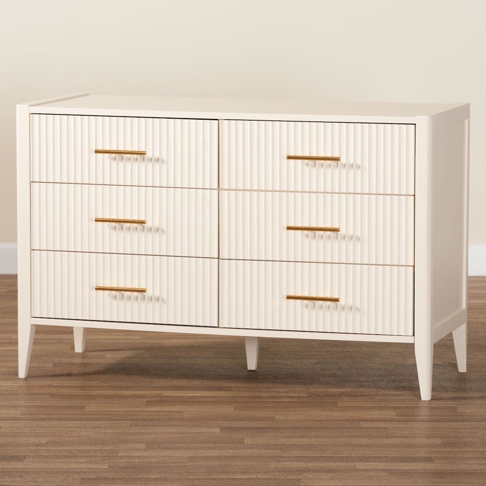 Primrose Mid-Century Ivory Fluted Wood 6-Drawer Dresser