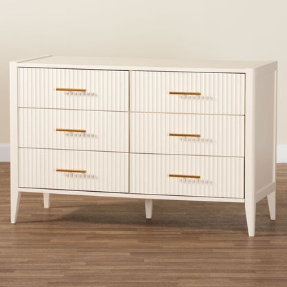 Primrose Mid-Century Ivory Fluted Wood 6-Drawer Dresser