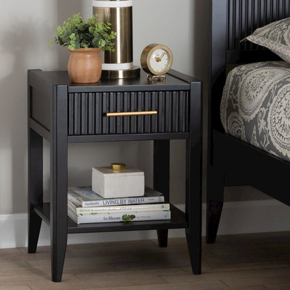 Primrose Mid-Century Black Fluted Wood 1-Drawer Nightstand