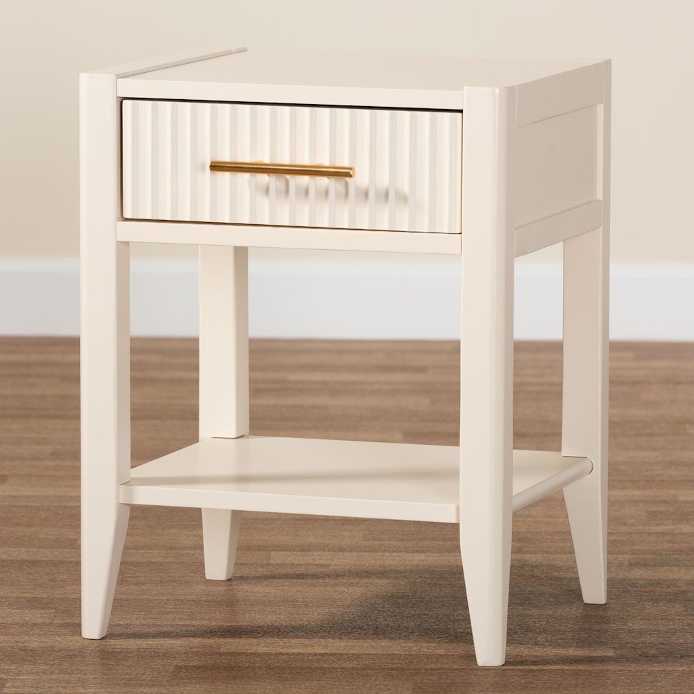 Primrose Mid-Century Ivory Fluted Wood 1-Drawer Nightstand