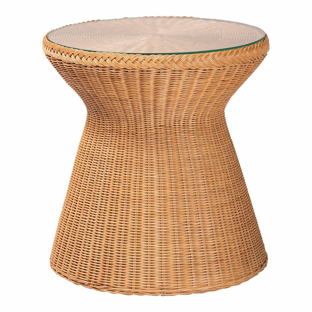 Nina Bohemian Light Honey Braided Rattan End Table with Glass Tabletop