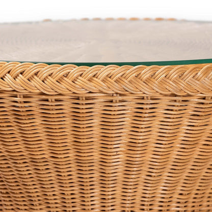 Nina Bohemian Light Honey Braided Rattan End Table with Glass Tabletop