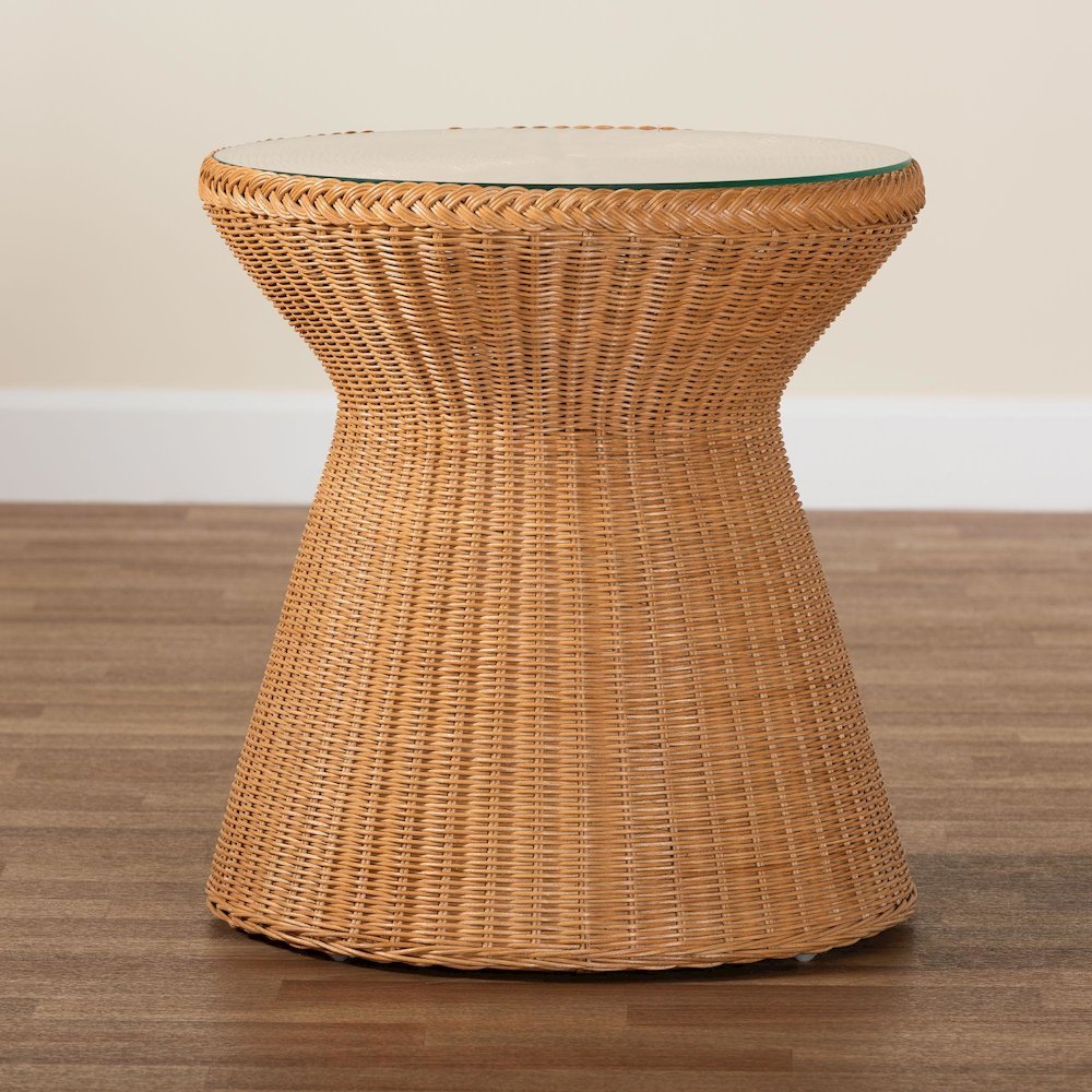 Nina Bohemian Light Honey Braided Rattan End Table with Glass Tabletop