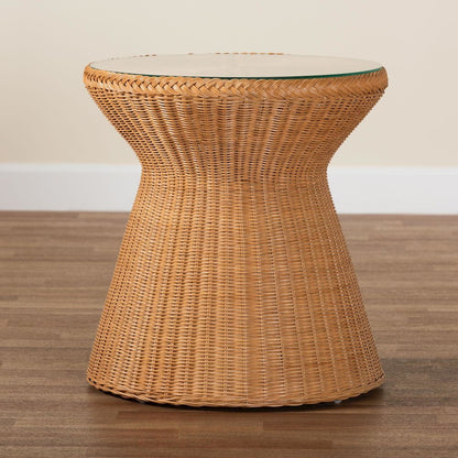 Nina Bohemian Light Honey Braided Rattan End Table with Glass Tabletop