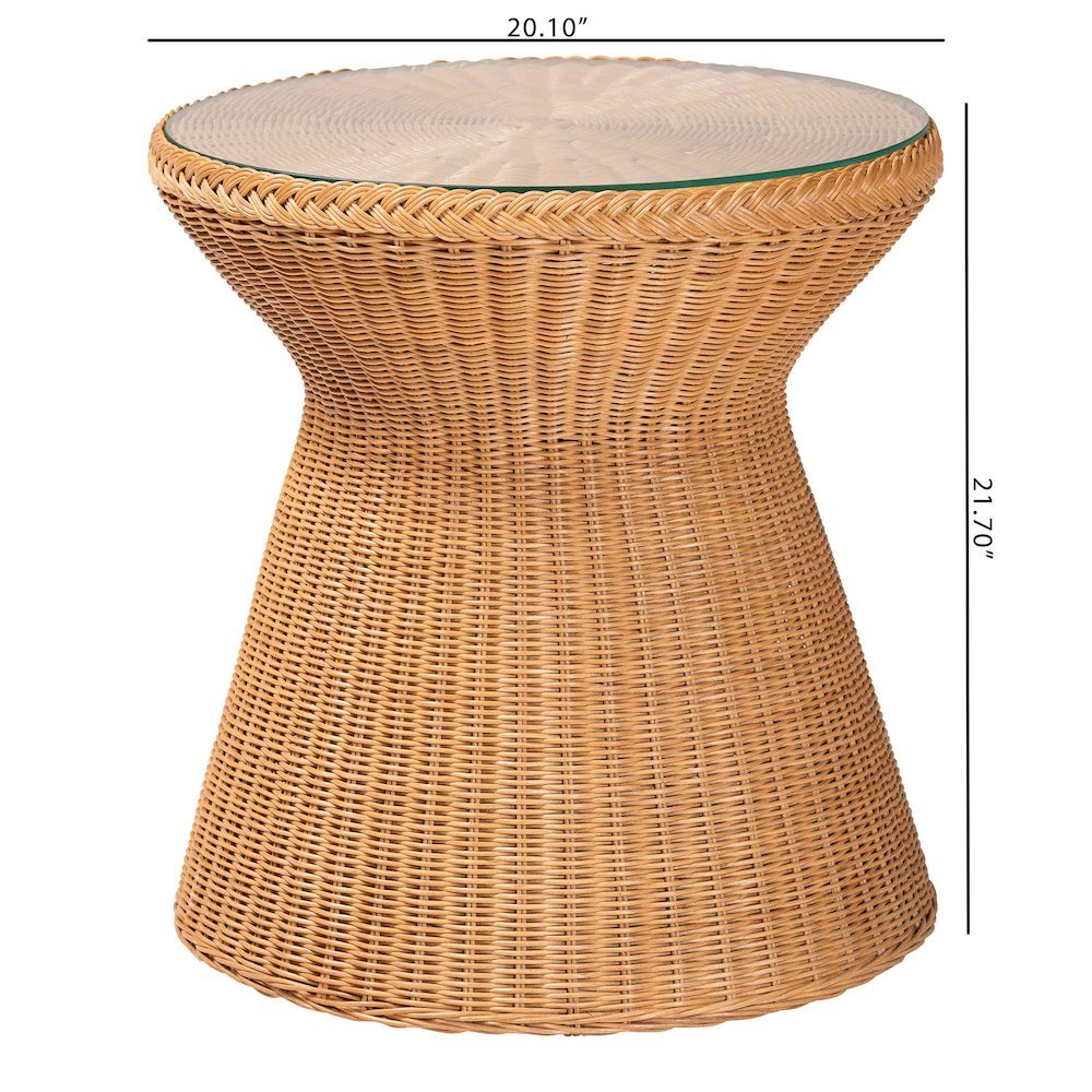 Nina Bohemian Light Honey Braided Rattan End Table with Glass Tabletop