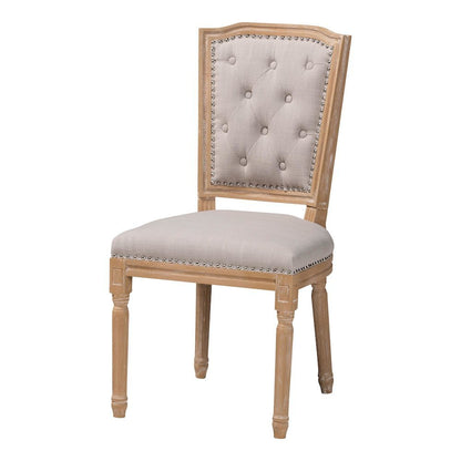 Cottage Weathered Oak Beige Fabric Button-tufted Upholstered Dining Chair