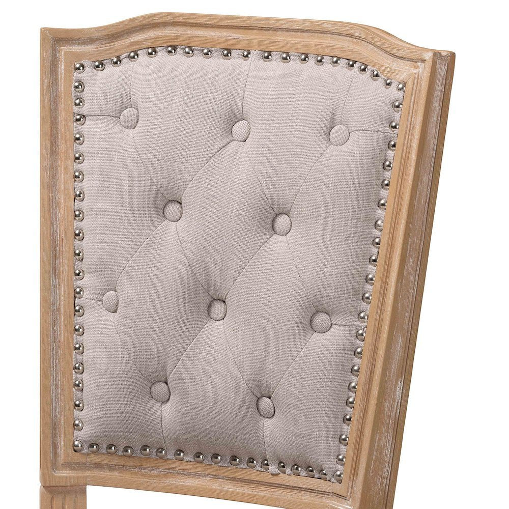 Cottage Weathered Oak Beige Fabric Button-tufted Upholstered Dining Chair