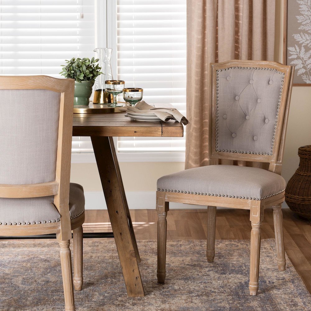 Cottage Weathered Oak Beige Fabric Button-tufted Upholstered Dining Chair