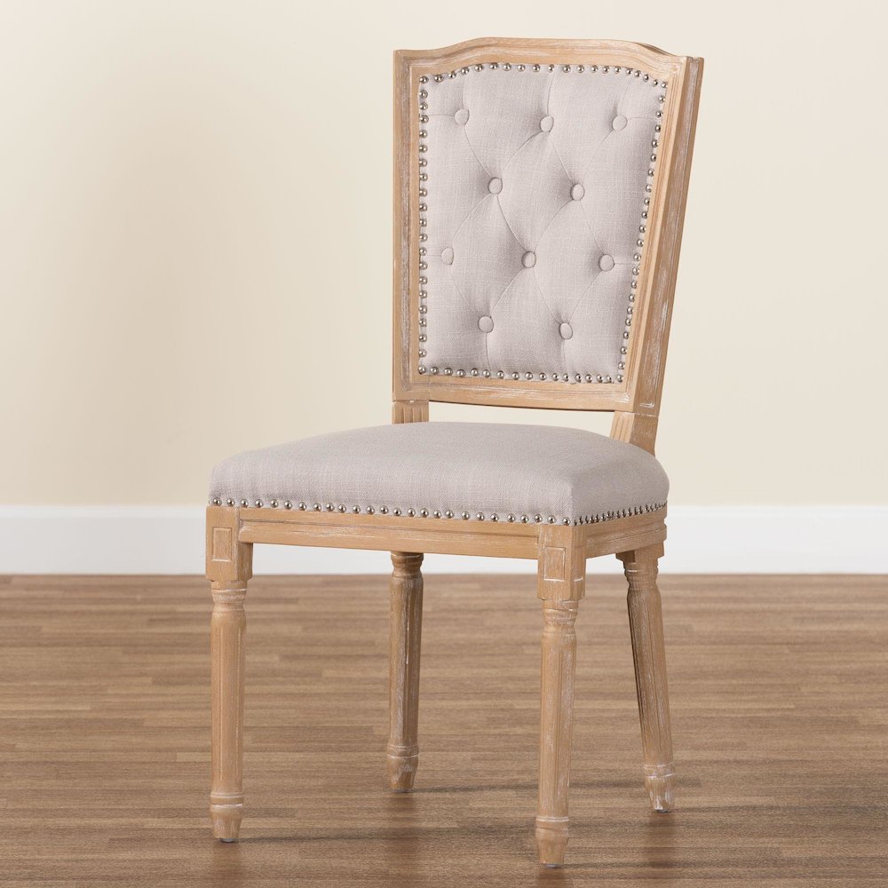 Cottage Weathered Oak Beige Fabric Button-tufted Upholstered Dining Chair