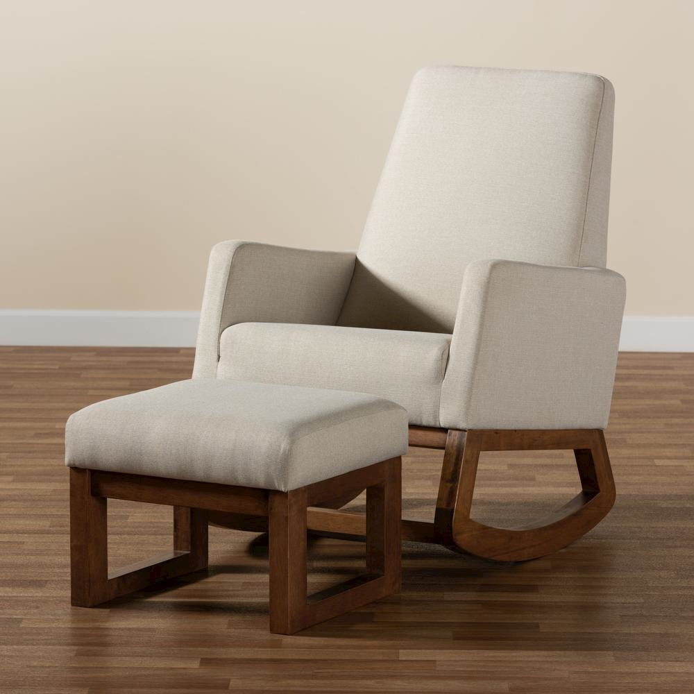 Light Beige Fabric Upholstered Rocking Chair and Ottoman Set