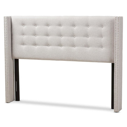 Greyish Beige Fabric Button-Tufted Nail head Queen Size Winged Headboard
