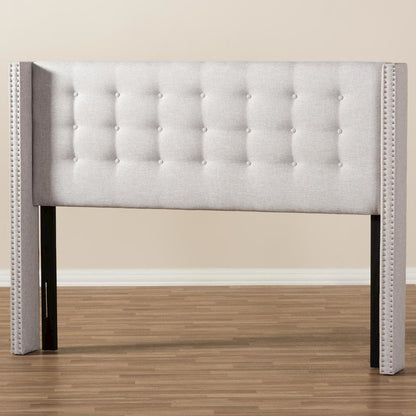 Greyish Beige Fabric Button-Tufted Nail head Queen Size Winged Headboard