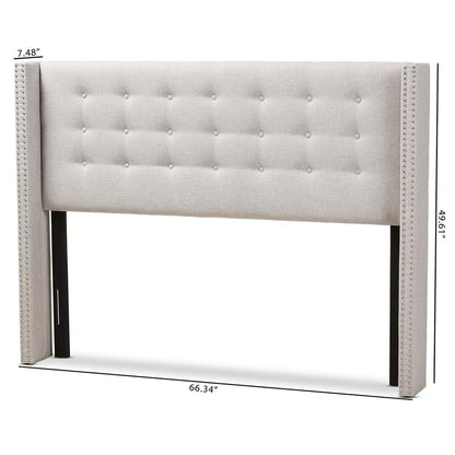 Greyish Beige Fabric Button-Tufted Nail head Queen Size Winged Headboard