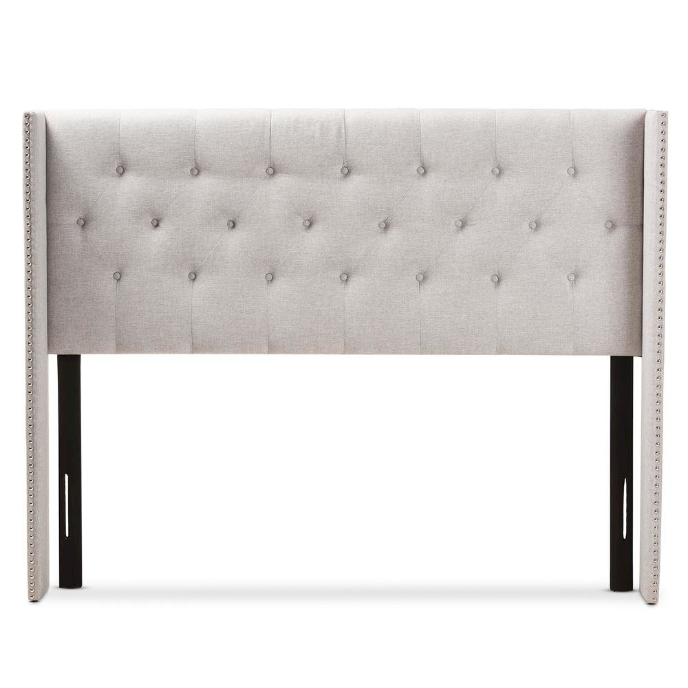 Greyish Beige Fabric Button-Tufted Nail head King Size Winged Headboard