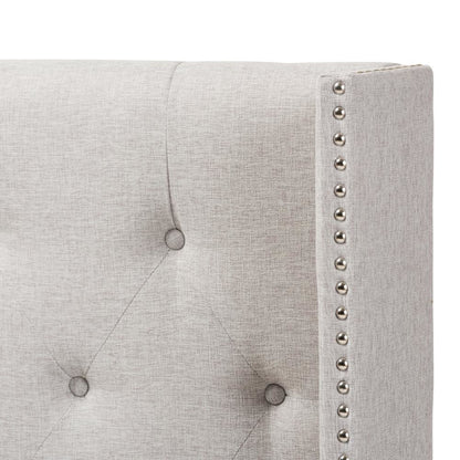 Greyish Beige Fabric Button-Tufted Nail head King Size Winged Headboard