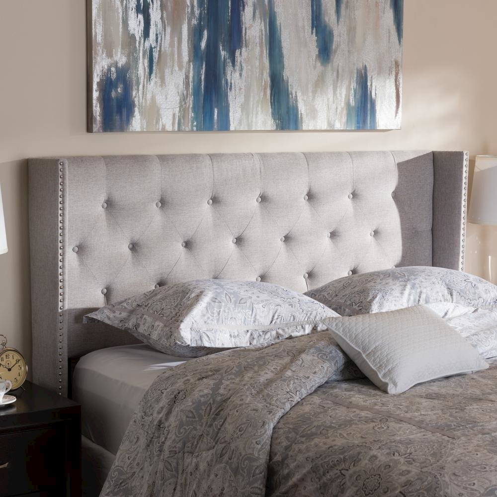 Greyish Beige Fabric Button-Tufted Nail head King Size Winged Headboard