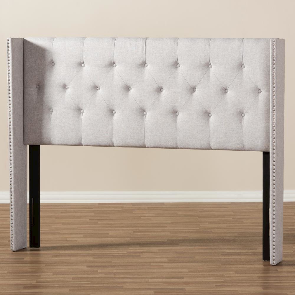 Greyish Beige Fabric Button-Tufted Nail head King Size Winged Headboard