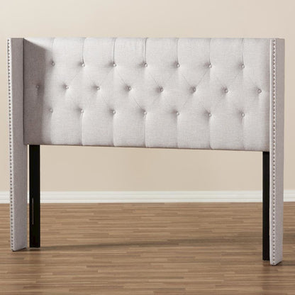 Greyish Beige Fabric Button-Tufted Nail head King Size Winged Headboard
