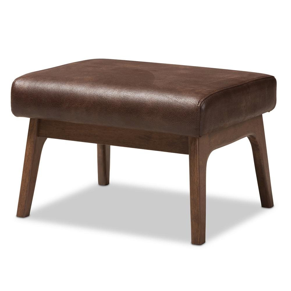 Bianca Mid-Century Modern Walnut Wood Dark Brown Distressed Faux Leather Ottoman