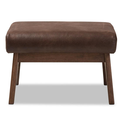 Bianca Mid-Century Modern Walnut Wood Dark Brown Distressed Faux Leather Ottoman