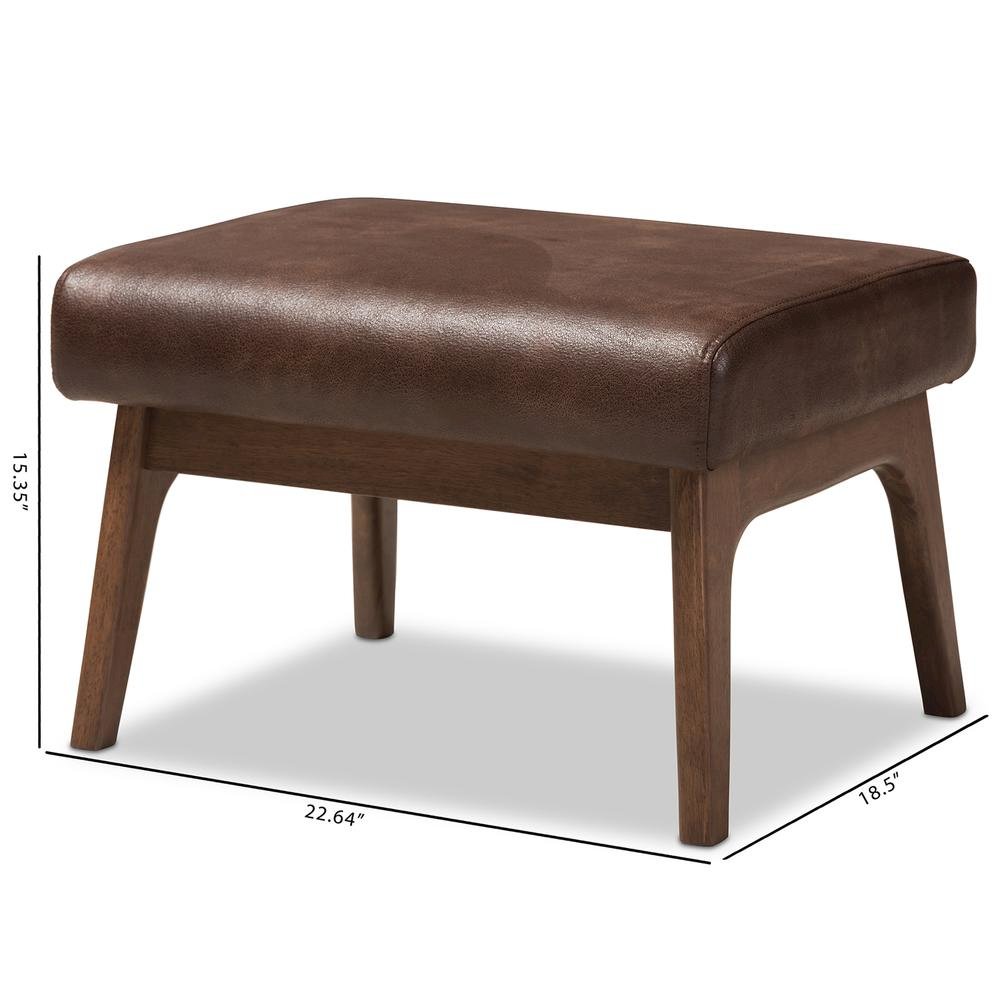 Bianca Mid-Century Modern Walnut Wood Dark Brown Distressed Faux Leather Ottoman