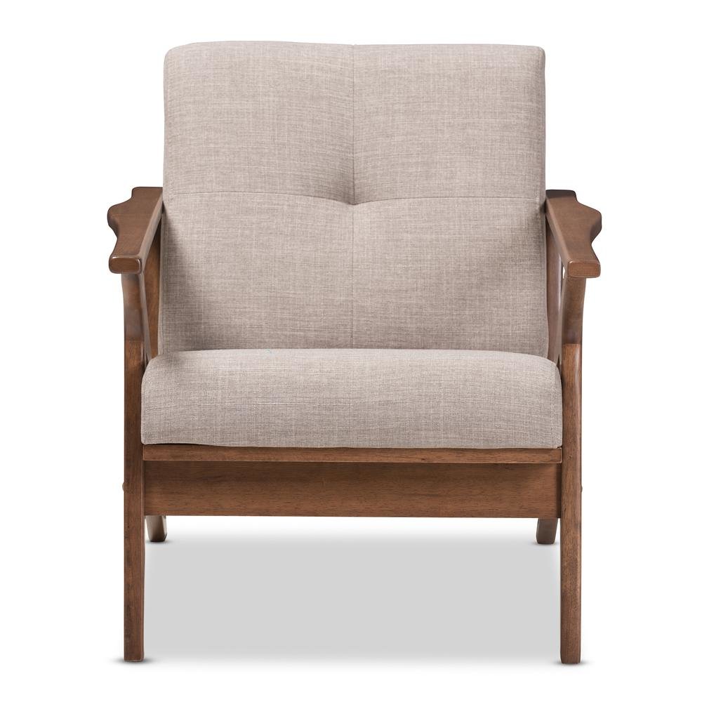 Bianca Mid-Century Modern Walnut Wood Light Grey Fabric Tufted Lounge Chair