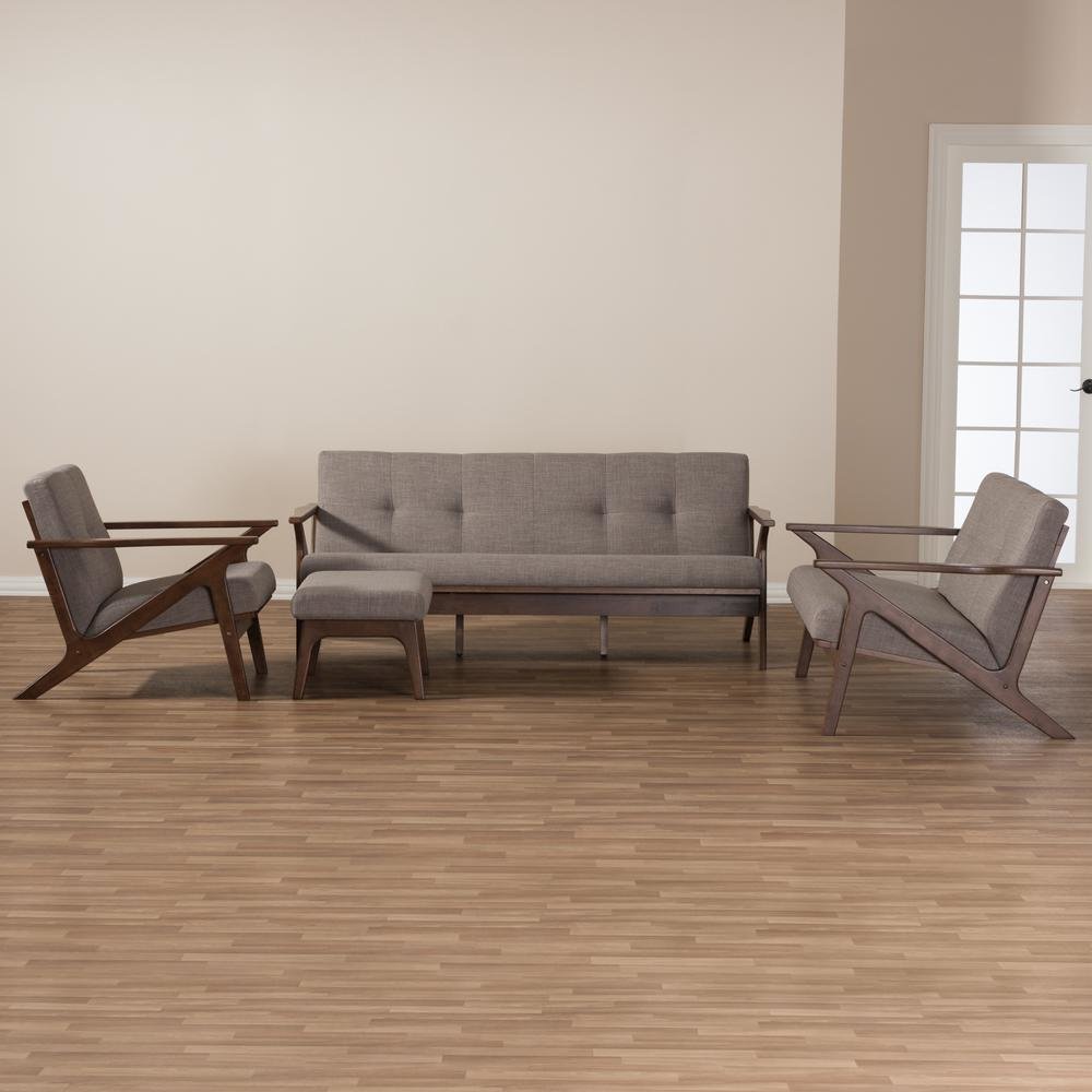 Walnut Wood Light Grey Fabric Tufted Livingroom Sofa Set