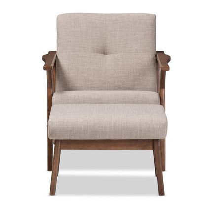 Walnut Wood Light Grey Fabric Tufted Lounge Chair And Ottoman Set