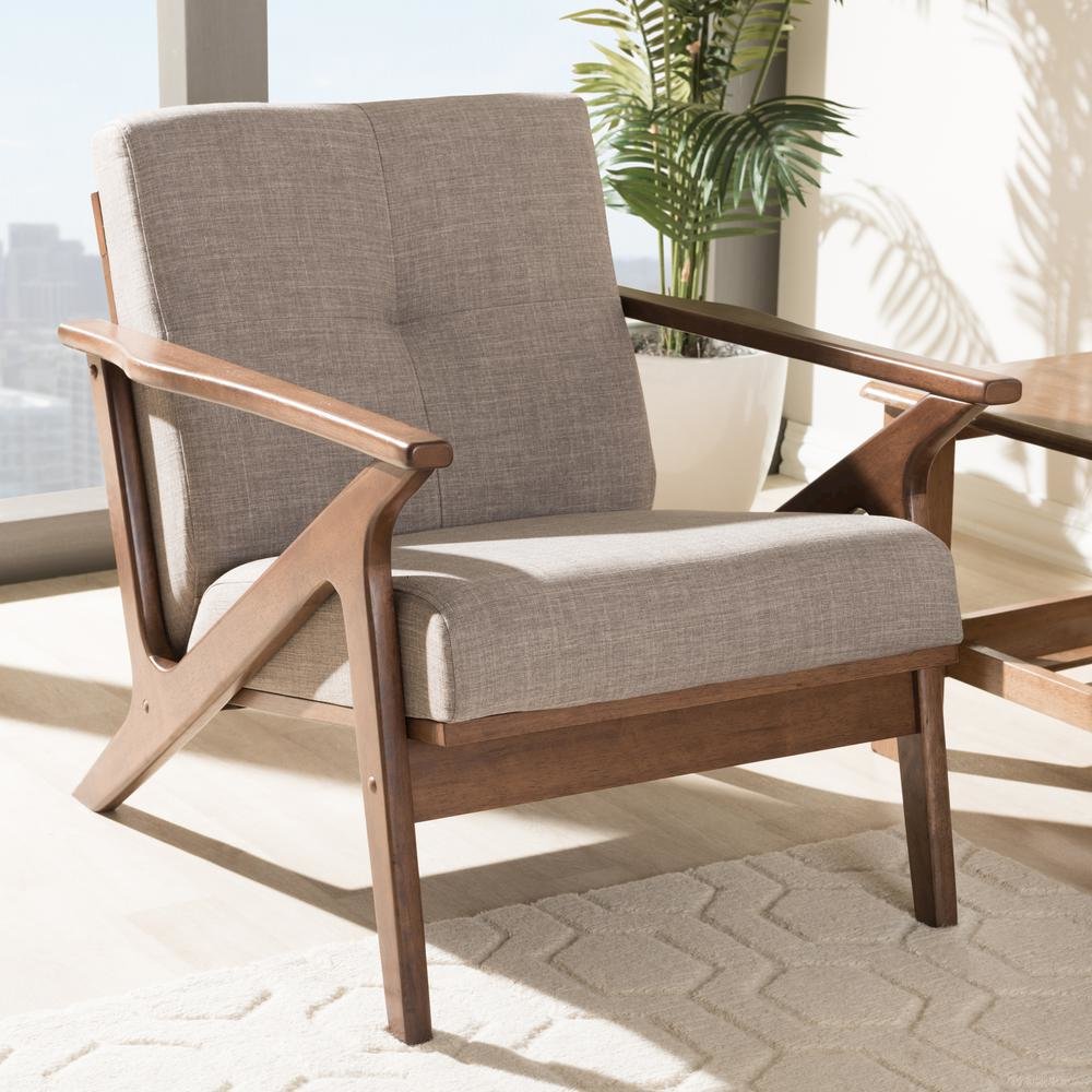 Bianca Mid-Century Modern Walnut Wood Light Grey Fabric Tufted Lounge Chair
