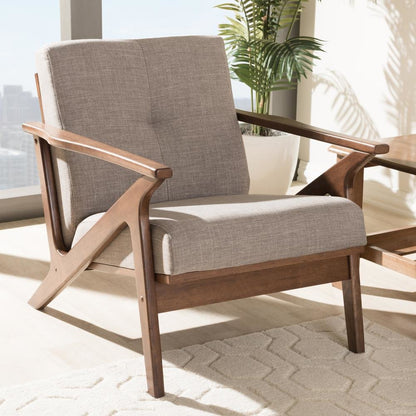 Bianca Mid-Century Modern Walnut Wood Light Grey Fabric Tufted Lounge Chair
