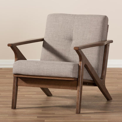 Bianca Mid-Century Modern Walnut Wood Light Grey Fabric Tufted Lounge Chair