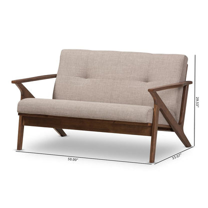 Bianca Mid-Century Modern Walnut Wood Light Grey Fabric Tufted 2-Seater Loveseat